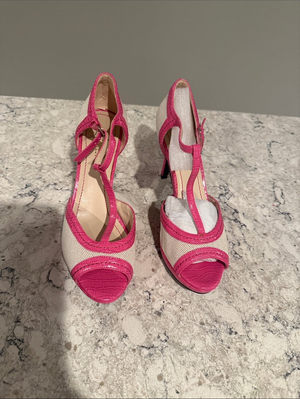 Nine West Women’s Pink and White Strappy High Heels 7.5